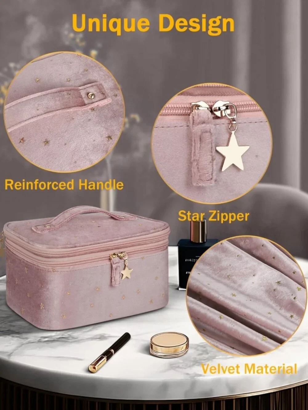 Stylish Double-Layer Makeup Bag Set with Jewelry Storage & Brush Holder - Pink